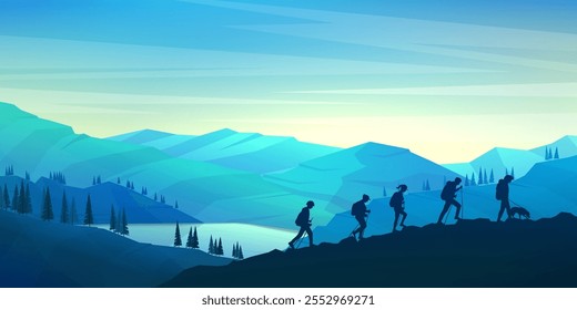 Ilustración vectorial de un paisaje con un grupo de senderistas escalando, equipados con mochilas y bastones. Concepto de aventura, descubrimiento y exploración de la naturaleza en un senderismo. Fondo de pantalla de color azul