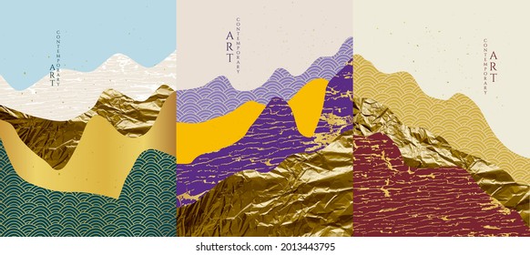 Vector illustration landscape. Grunge style. Gold foil texture. Japanese wave pattern. Mountain background. Asian style. Design for poster, book cover, web template, brochure, business or gift card