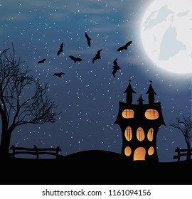 Vector illustration of a landscape with a Halloween castle and big moon