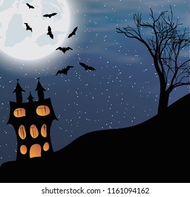 Vector illustration of a landscape with a Halloween castle and big moon