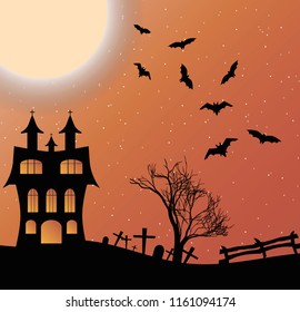 Vector illustration of a landscape with a Halloween castle and big moon