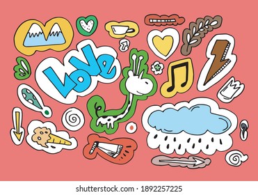 Vektorgrafik: Landschaftsbild handgezeichnet Giraffe mit Hügeln, Blitzen, Pfeilen, Liebe, Regentropfen, Kaffeetasse und Wolken und anderen Gestaltungselementen. Liniendesign. Für Aufkleber-Design.