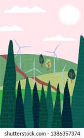 Vector illustration of landscape with high trees and windmills. Renewable energy concept vector flat drawing