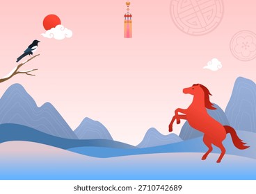 Ilustración vectorial de un paisaje con un caballo.