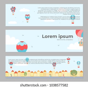 Vector illustration of landscape with hot air balloons in blue sky in town. Banners with isolated flat cartoon air balloons, houses, trees, street. For print, card, flyer, fabric, poster. 