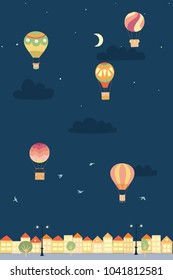 Vector illustration of landscape with hot air balloons in night sky in town. Isolated flat cartoon air balloons, houses, trees, street. Hand drawn for print, card, flyer, fabric, poster. 