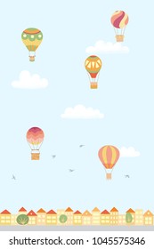 Vector illustration of landscape with hot air balloons in blue sky in town. Isolated flat cartoon air balloons, houses, trees, street. Hand drawn for print, card, flyer, fabric, poster. 