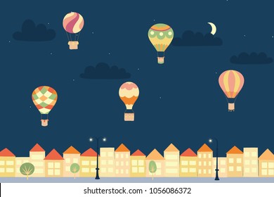 Vector illustration of landscape with hot air balloons in night sky in town. Isolated flat cartoon air balloons, houses, trees, street. Hand drawn for print, card, flyer, fabric, poster. 