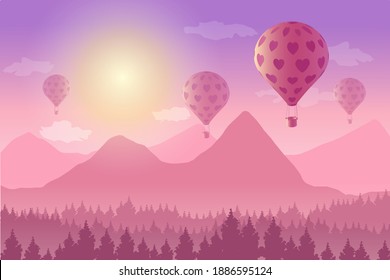 Vector illustration of landscape with hot air balloon above mountains in sunset. Romantic, Love, Valentine concept.