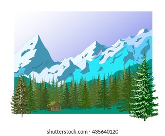 Vector illustration of landscape with a house in the coniferous forest and mountain range.