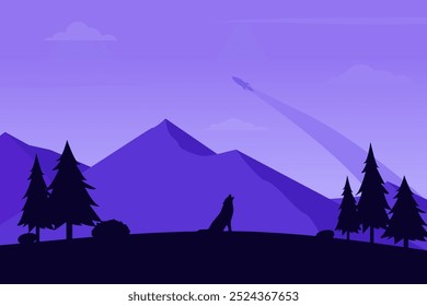 Vector illustration of a landscape of a howling wolf with a background of mountains and a rocket across the sky