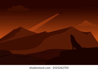 Vector illustration of a landscape of a howling wolf with a background of mountains and a rocket across the sky