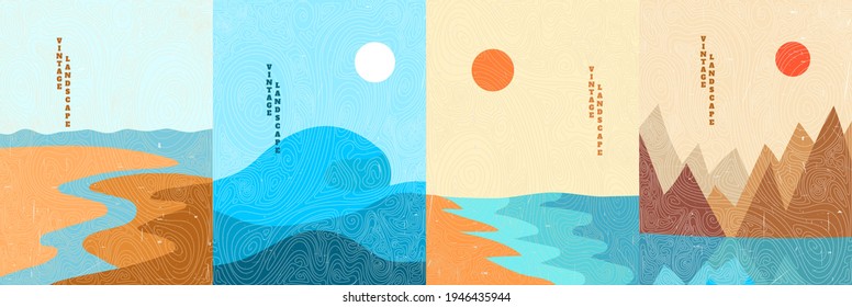 Vector illustration landscape. Japanese linear wave pattern. Mountain background. Asian style. Design for poster, cover, room interior, postcard. Scratched old paper effect. Line art. Seascape, beach