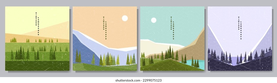 Vector illustration landscape. Japanese pattern texture. Forest trees. Mountain background. Asian style. Design for social media, web template. Geometric flat style. Mid century contemporary art