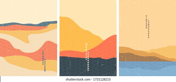 Vector illustration landscape. Japanese wave pattern. Mountain background. Asian style. Sunset scene. Sea backdrop. Design for poster, book cover, web template, brochure. Old paper with scratches