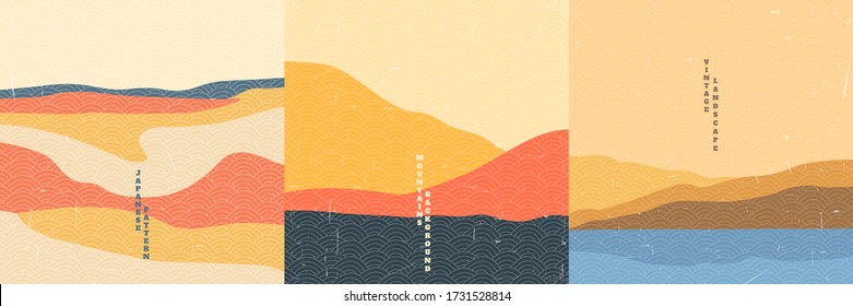 Vector illustration landscape. Japanese wave pattern. Mountain background. Asian style. Sunset scene. Sea backdrop. Design for social media wallpaper, blog post template. Old paper with scratches