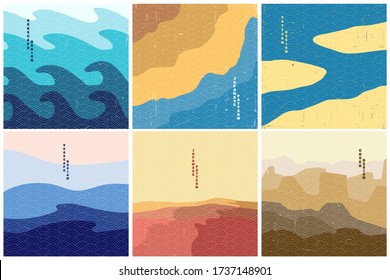 Vector illustration landscape. Japanese wave pattern. Mountain background. Asian style. Sea backdrop. Design for social media wallpaper, blog post template, card, poster. Ornament backdrop. Old paper