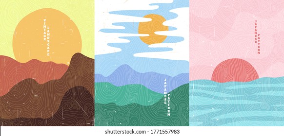 Vector illustration landscape. Japanese wave pattern. Mountain background. Asian style. Design for social media wallpaper, blog post template. Old paper with scratches, Colorful backdrop. Vintage