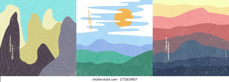 Vector illustration landscape. Japanese wave pattern. Mountain background. Asian style. Design for social media wallpaper, blog post template. Old paper with scratches, Colorful backdrop