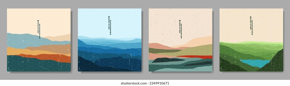 Vector illustration landscape. Japanese wave pattern. Mountain background. Asian style. Sea backdrop. Design for social media wallpaper, blog post template, card, poster. Ornament backdrop. Old paper