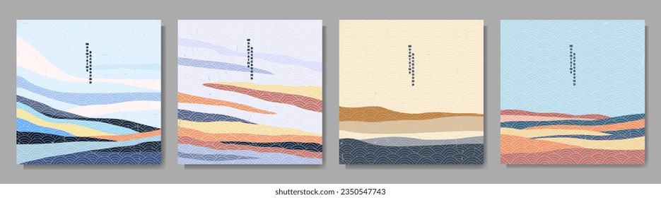 Vector illustration landscape. Japanese wave pattern. Mountain background. Asian style. Sea backdrop. Design for social media wallpaper, blog post template, card, poster. Ornament backdrop. Old paper