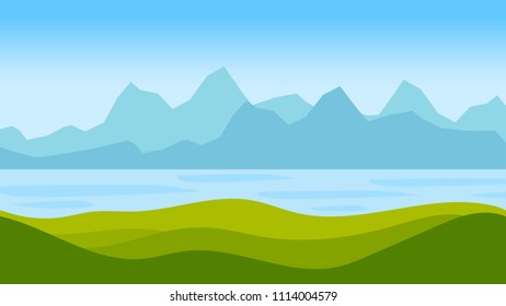 Vector illustration. Landscape with lake or bay and mountains on horizon.