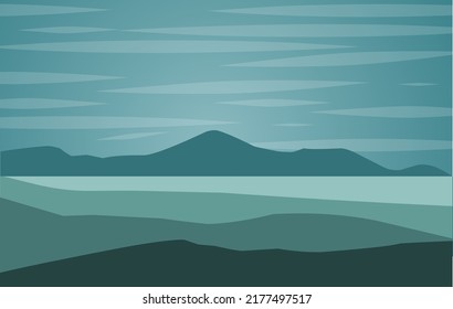 Ilustración del vector: Paisaje con lago o bahía y montañas en el horizonte