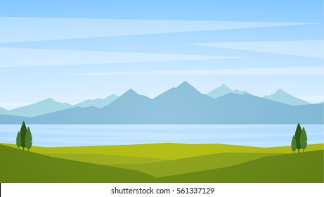 Vector illustration: Landscape with lake or bay and mountains on horizon