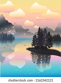 paisaje de ilustración vectorial con lago y bosque, afiche