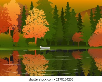 vector illustration landscape with lake and forest, poster