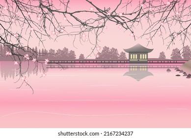 vector illustration landscape with lake and sakura, poster