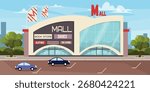 Vector illustration landscape of a large shopping mall. Cartoon scene of a modern shopping mall with shops: books, clothes, shoes, toys, coffee, parking with cars, road, sidewalks, trees, sky, clouds.