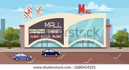 Vector illustration landscape of a large shopping mall. Cartoon scene of a modern shopping mall with shops: books, clothes, shoes, toys, coffee, parking with cars, road, sidewalks, trees, sky, clouds.