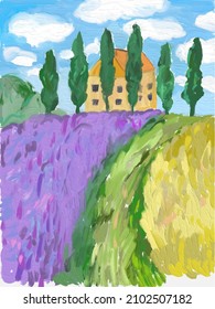 vector illustration, landscape with lavender field and house. Provencal style. imitation oil