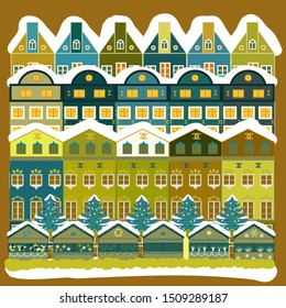 Vector illustration. Landscape in magical forest. Unusual christmas illustration. Postcard on blue, yellow and brown colors. Amazing fairy house decorated at christmas style.