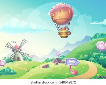 Vector illustration of a landscape with marmalade candy mill and fox in blimp. For print, create videos or web graphic design, user interface, card, poster.