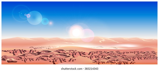Vector illustration of landscape of a Mars planet. The planet is covered with craters and rocks. Seamless horizontally if needed.