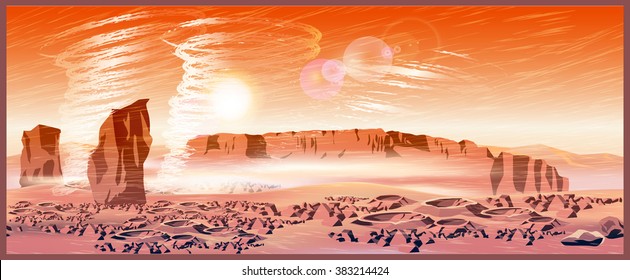 Vector illustration of landscape of a Mars planet. Great Martian sandstorm with tornado. Seamless horizontally if needed.