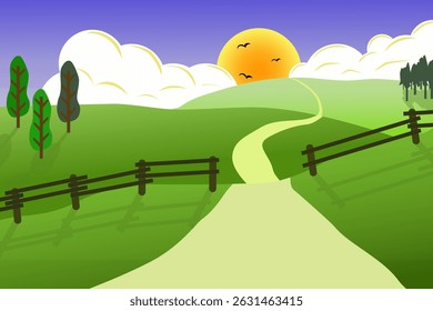 Vector illustration of a landscape with meadows on gentle hills. A meadow path leading into the distance. On the horizon, the sun is shining under a blue sky and among white clouds.