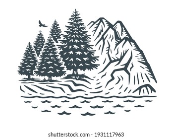 Vector illustration of a landscape. Monochrome version.