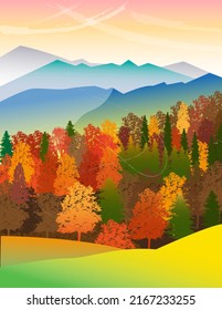 paisaje de ilustración vectorial con montaña y bosque, afiche