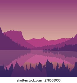 Vector illustration. Landscape with a mountain lake at sunset. Retro effect.