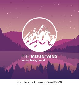 Vector illustration. Landscape with a mountain lake at sunset.