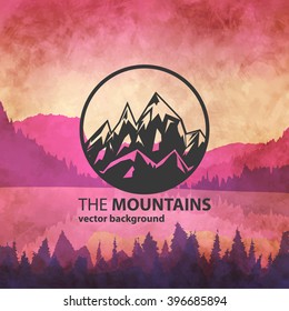 Vector illustration. Landscape with a mountain lake at sunset. Retro effect.