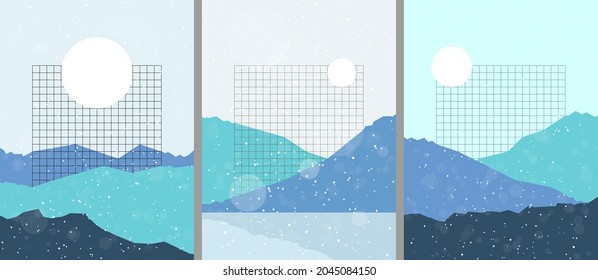 Vector illustration landscape. Mountain peak, hills. Line grid pattern. Sunshine scene background. Polygonal shape style. Design for postcard, poster, cover, layout, brochure. Winter cold snowy season