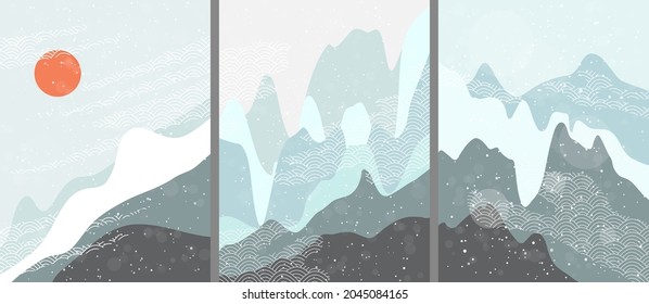 Vector illustration landscape. Mountain peak, hills. Line Japanese pattern. Asian style. Design for poster, postcard, magazine, layout. Boho wall decor. Aerial concept. Winter cold snowy season.