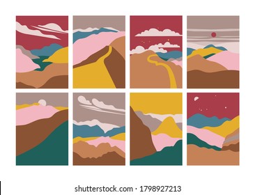 Vector illustration landscape mountain, river view. Hills and clouds, sun or moon. Paper cut style. Nature vertical backgrounds