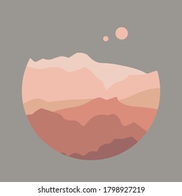 Vektorgrafik Landschaft Berg, Flusssicht. Hügel und Wolken, Sonne oder Mond. Papierschnitt-Stil. Naturhintergrund