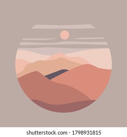 Ilustración vectorial montaña paisaje, vista del río. Colinas y nubes, sol o luna. Estilo de corte de papel. Fondo natural