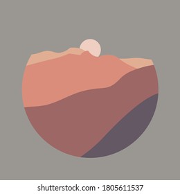 Vector illustration landscape mountain, river view. Hills and clouds, sun or moon. Paper cut style. Nature background